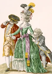Dama de la corte rodeada de sirvientes masculinos, grabado por Petisoier, placa no.124 de 